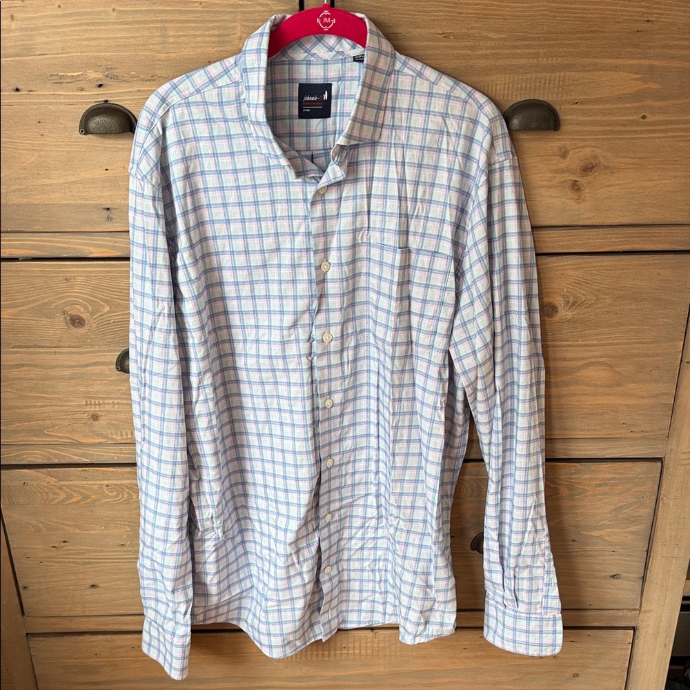 johnnie-O Men's Casual Button Down Shirt - Blue and Pink Check sz L